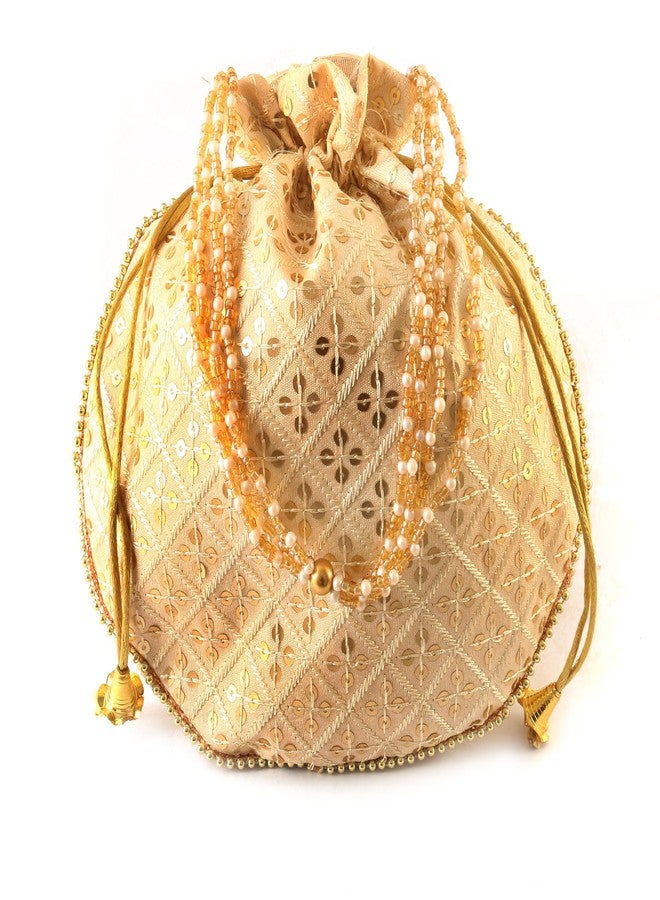 BINORI Traditional Sequins Potli Combo Drawstring Bags with Pearl Handle, Floral Embroidered Design (Pack of 5) - Image 2